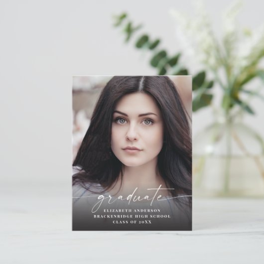 Budget Modern White Script Photo Afstuderen Aankondiging (Staand voorkant)