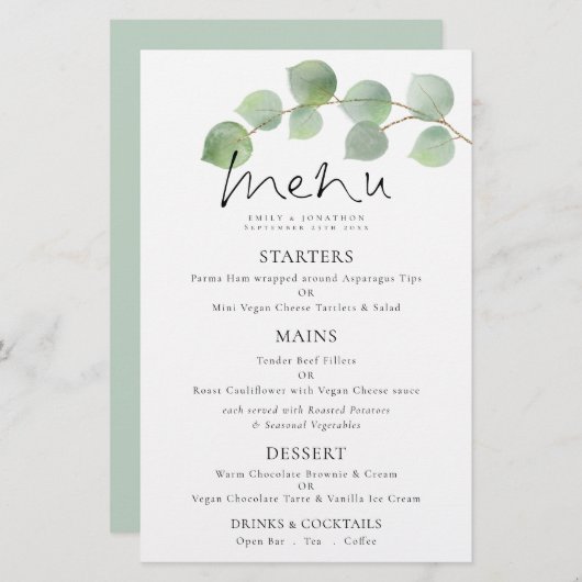 Budget Moderne Aquarelle Eucalyptus Menu Mariage (Devant / Derrière)