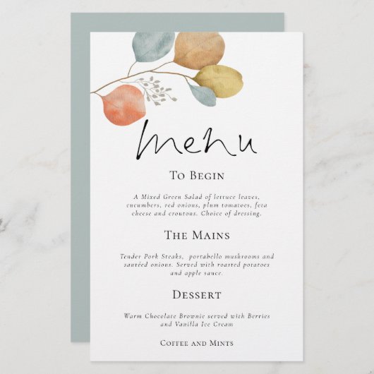 Budget Moderne Aquarelle Feuille Menu Mariage (Devant / Derrière)