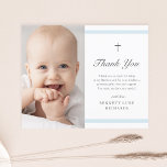 Budget Moderne Élégance Garçons Baptême Carte de r<br><div class="desc">Le budget moderne élégance garçons baptism carte de remerciements est moderne et propre avec des rayures bleues douces et une croix avec photo. Type personnalisable gris vous permet de modifier toutes les informations de la carte à votre goût. Parfait pour le baptême d'un petit garçon.</div>