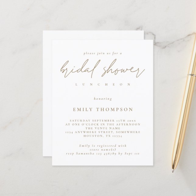 Budget Moderne Gold Script Bridal Shower Invitatio (Voorkant / Achterkant in situ)