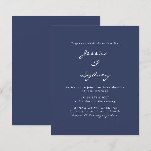 Budget Moderne Navy Blue Script Wedding Invitation (Voorkant / Achterkant)