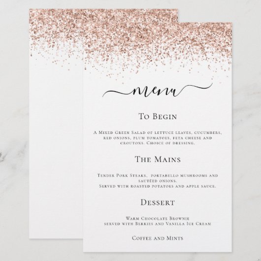 Budget Moderne Roos Gold Glitter Wedding Menu (Voorkant / Achterkant)