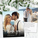 Budget Moderne Script Mariage photo Carte de remer<br><div class="desc">Élégant budget moderne main lettré Mariage photo Merci abordable faible budget carte mince. Mariage moderne élégant merci modèle avec une photo verticale complète sur l'avant avec le texte superposé "Merci" dans une police de script de typographie en blanc sur l'image. ***VEUILLEZ NOTER! *** LE DOCUMENT BUDGÉTAIRE/VOL EST EN PAPIER MINCE....</div>