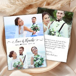 Budget Moderne Script Mariage photo Carte de remer<br><div class="desc">Budget Modern Elegant Love and Thanks Script 3 Photo Collage Mariage Merci abordable carte mince à petit budget. Un mariage élégant merci modèle avec 3 photo sur le devant avec le texte "Amour et Merci" dans une calligraphie ou typographie lettrée en noir et blanc. Petit motif coeur d'amour entre les...</div>