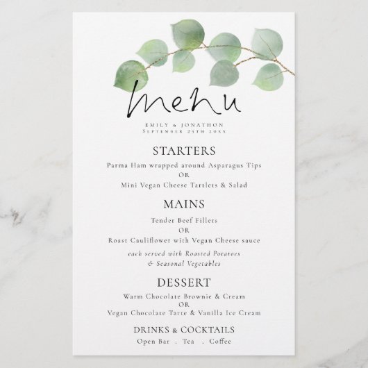 Budget Moderne Waterverf Eucalyptus Wedding Menu (Voorkant)