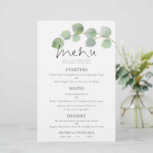 Budget Moderne Waterverf Eucalyptus Wedding Menu (Staand voorkant)