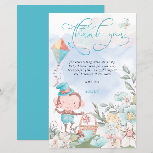 Budget Monkey Boy Baby shower Picnic Bedankt (Voorkant / Achterkant)