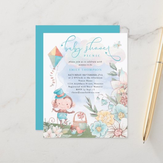 Budget Monkey Boy Baby shower Picnic Uitnodiging (Voorkant / Achterkant in situ)