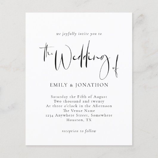 Budget Monochrome Script Weduwen Uitnodiging (Voorkant)