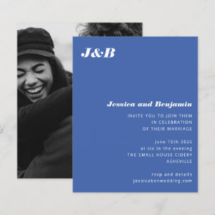 Budget Monogram Blauw Foto Trouw Uitnodiging