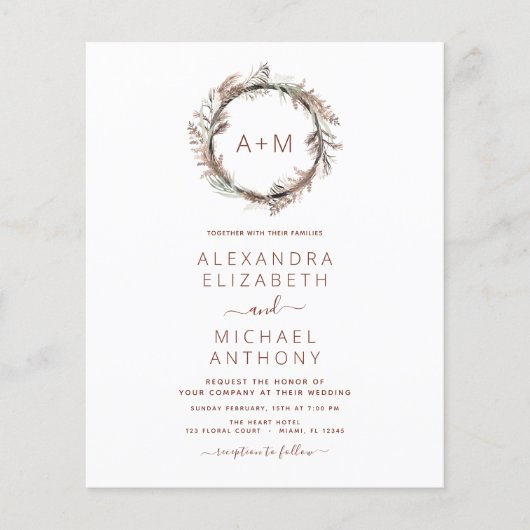 Budget Monogram Boho Pampas Grass Wedding Flyer (Voorkant)