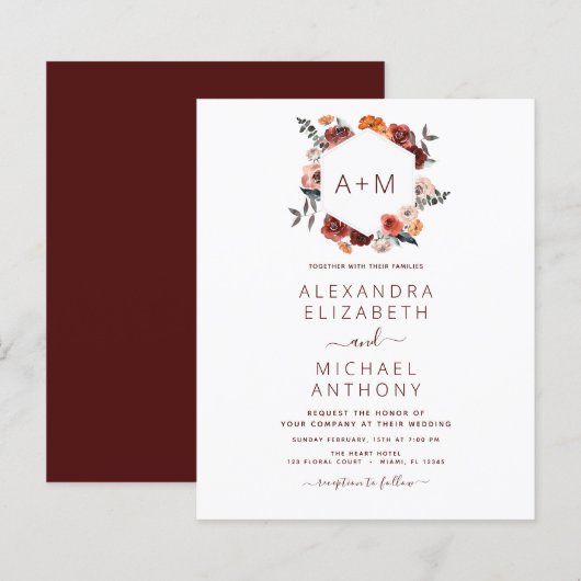 Budget Monogram Burgundy Floral Greenery Wedding (Voorkant / Achterkant)