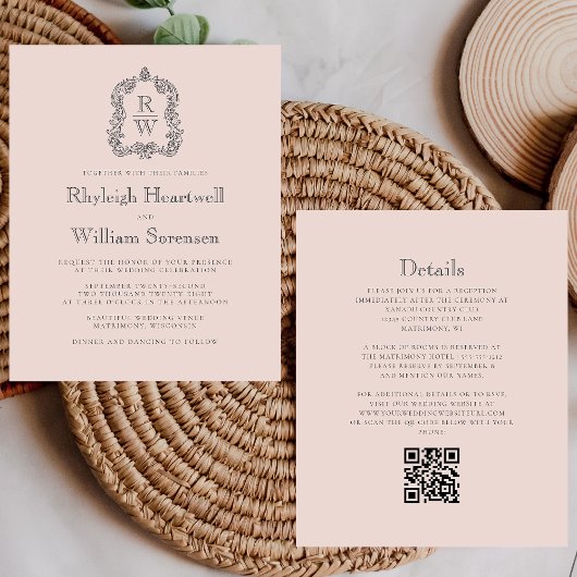 Budget Monogram Crest Blush QR Code Trouw Uitnodig