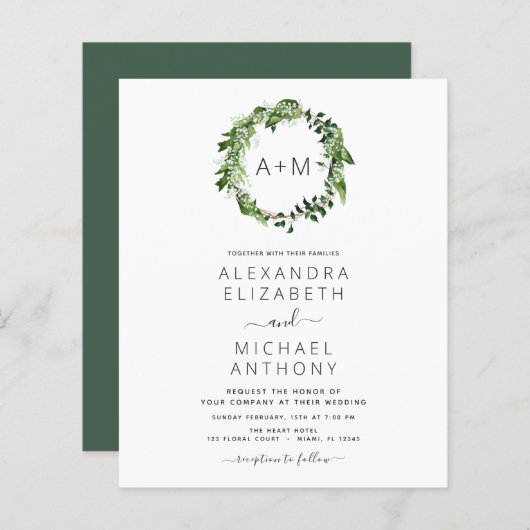 Budget Monogram Emerald Green Greenery Wedding (Voorkant / Achterkant)