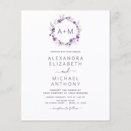 Budget Monogram Floral Dusty Paars Wedding Flyer (Voorkant)