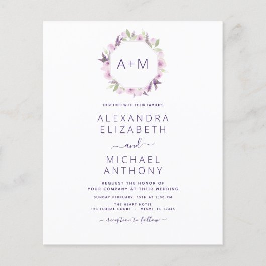 Budget Monogram Floral Dusty Paars Wedding Flyer (Voorkant)