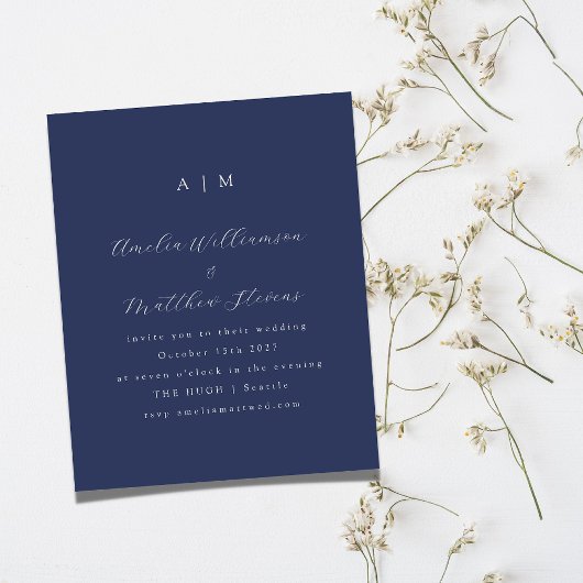 Budget Monogram Navy Blue Minimal Wedding Invite