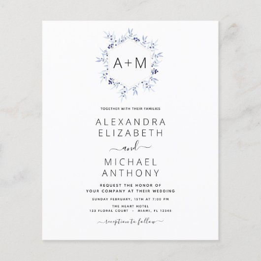 Budget Monogram Stofblauw Bloem Bruiloft Flyer (Voorkant)