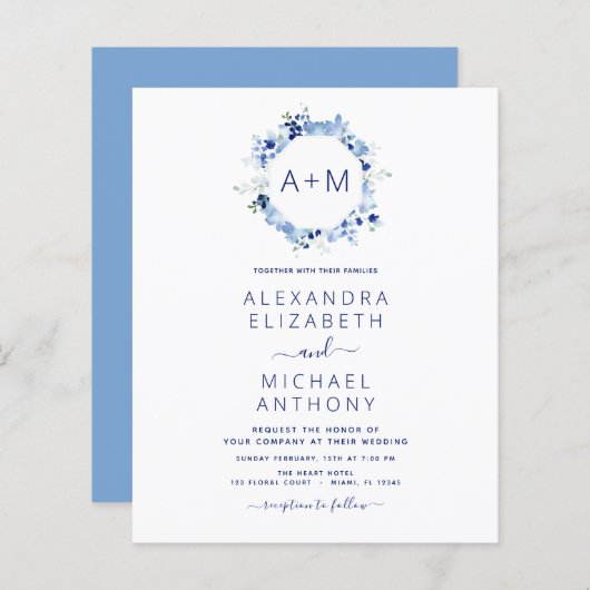 Budget Monogram Stusty Blue Floral Wedding (Voorkant / Achterkant)
