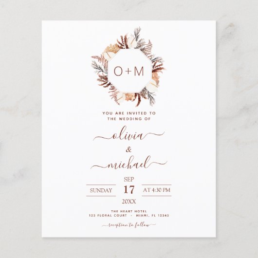 Budget Monogram Terracotta Pampas Grass Wedding Flyer (Voorkant)