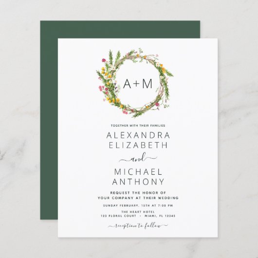 Budget Monogram Wildbloemen Emerald Green Wedding (Voorkant / Achterkant)