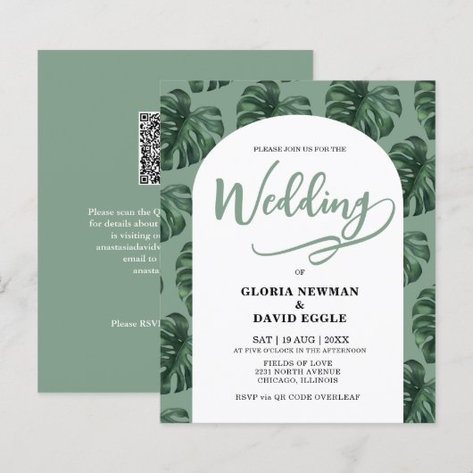 Budget Monstera Leaves Wedding QR Code Invitation (Voorkant / Achterkant)