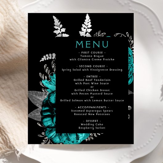 Budget Moody Floral Turquoise Silver Menu Mariage