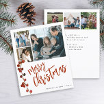 Budget multi 6 photo Joyeuse carte de Noël<br><div class="desc">Design moderne Joyeux Noël rouge blanc manuscrit script de calligraphie 6 photos de famille simple blanc carte de vacances BUDGET avec votre texte personnalisé sur les deux côtés avec une branche de baies de couleur d'eau sainte. VEUILLEZ NOTER que les couleurs de l'arrière - plan et du script sont modifiables....</div>