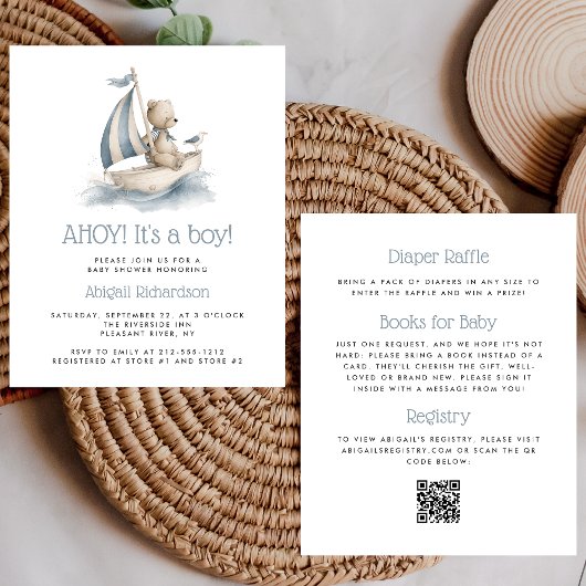 Budget Nautical Teddy Bear QR Code Boy Baby Shower