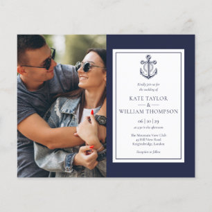 Budget Nautisch Navy Blauwe Foto Huwelijksuitnodig