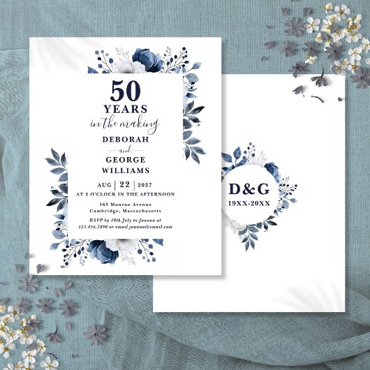 Budget Navy 50e bruiloft Jubileum Bloemen Uitnodig