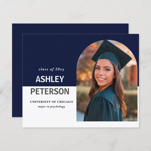 Budget Navy Arch Photo Afstuderen Invitation (Voorkant / Achterkant)
