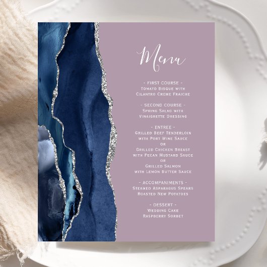 Budget Navy Blauwe Zilveren Agate Mauve Trouwmenu