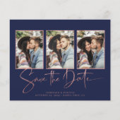 BUDGET Navy Blue Art Deco Roos Gold Save the Date (Voorkant)