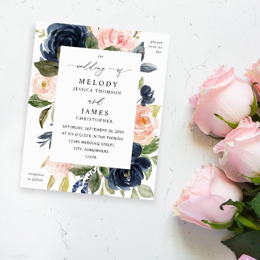 Budget Navy Blue & Blush Pink Floral Wedding Flyer
