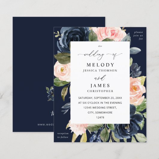 Budget Navy Blue & Blush Pink Floral Wedding Herfs (Voorkant / Achterkant)