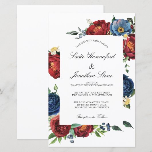 Budget Navy Blue Burgundy Red Wedding Invitation (Voorkant / Achterkant)