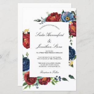 Budget Navy Blue Burgundy Red Wedding Invitation