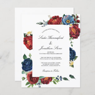 Budget Navy Blue Burgundy Red Wedding Invitation