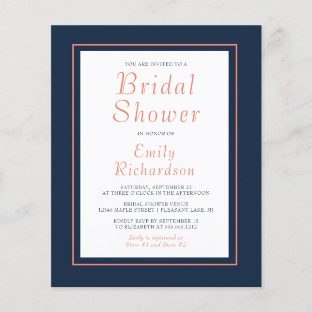 Budget Navy Blue Coral Bridal Shower (Voorkant)