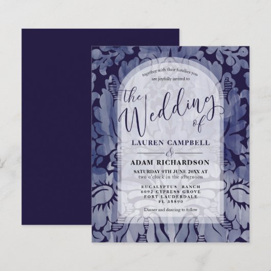 Budget Navy Blue Damask Arch Wedding Uitnodiging (Voorkant / Achterkant)