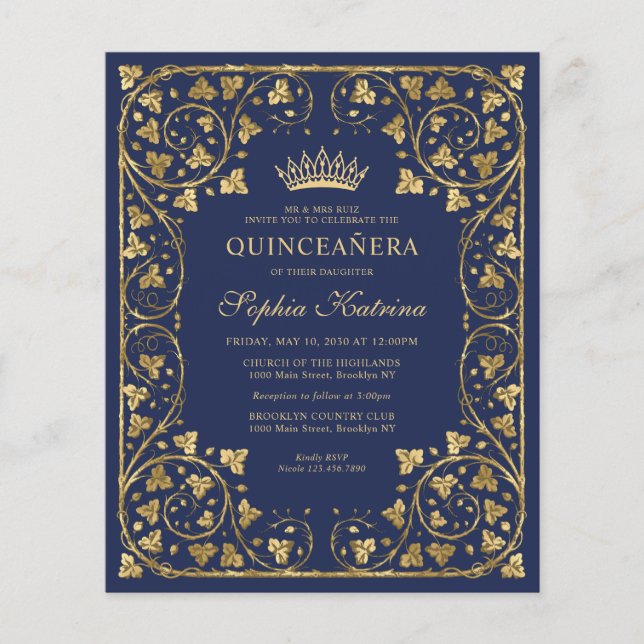 Budget Navy Blue Floral Gold Tiara Quinceanera (Voorkant)