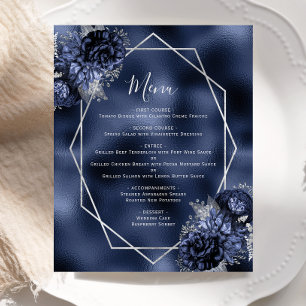 Budget Navy Blue Floral Silver Menu Mariage