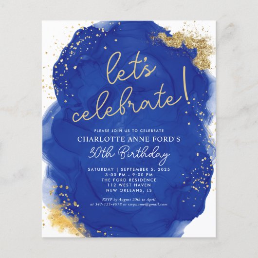 Budget Navy Blue Glitter Alcohol Ink Birthday (Voorkant)