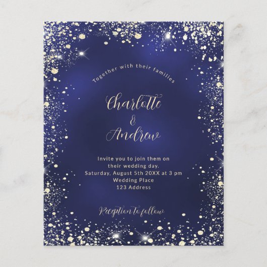 Budget navy blue glitter bruiloft uitnodiging (Voorkant)