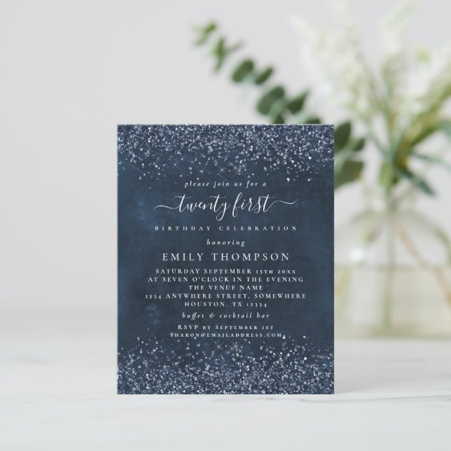 Budget Navy Blue Glitter Girly 21ste Party Invite (Staand voorkant)