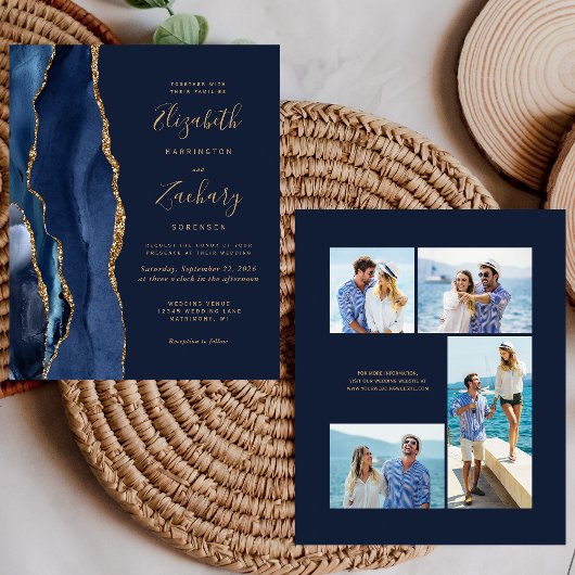Budget Navy Blue Gold Agate 4-Photo Wedding Invite