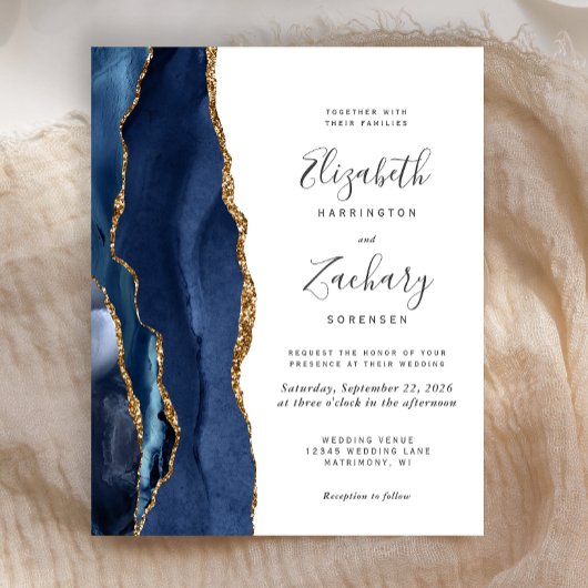Budget Navy Blue Gold Agate Wedding Invitation