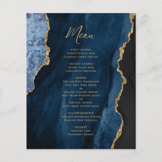 Budget Navy Blue Gold Agate Wedding Menu (Voorkant)